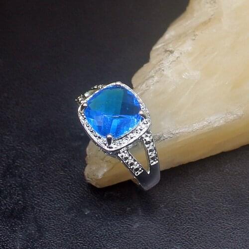 Gemstonefactory Jewelry Big Promotion Single Unique 925 Silver Dazzling Charm Blue Topaz Women Men Gifts Rings 7# 20213069