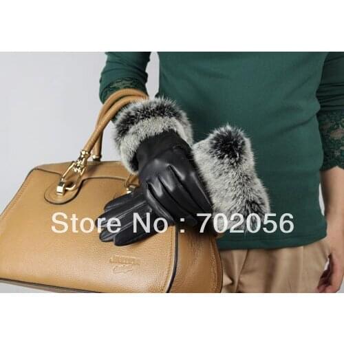 BEAUTIFUL Women rabbit fur fringed Genuine leather gloves skin gloves LEATHER GLOVES mixed color SUPER QUALITY SOFT#3124