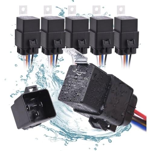 MICTUNING 5pcs 40/30A Waterproof Relay Harness Set 12V 5-PIN SPDT Automotive Relay with Heavy Duty 16AWG 14AWG Pre-wired Harness