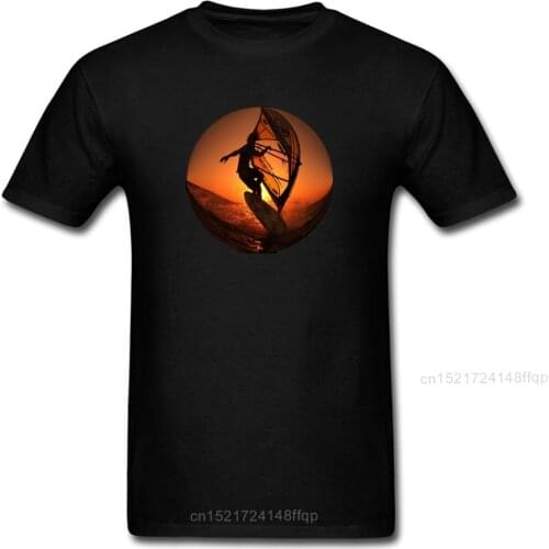 Windsurfing Ocean Waves Orange Circle Awesome Design Men Black T-shirt O-neck Custom Team Tee Shirts Cotton Fabric