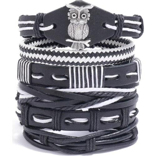 Fashion Men Women Black Leather Bracelets Set Vintage Lucky Owl Braided Charm Bangles Wrap Adjustable Wristbands Casual Jewelry