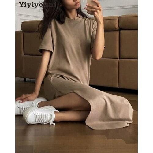 Yiyiyouni Casual Loose Split Straight Dress Women O-Neck Short Sleeve T-shirt Dress Women Summer Cotton White Black Vestido 2021