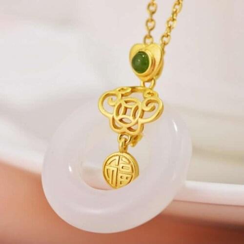 S925 Sterling Silver Pendant Women Natural White Jade Circle Fu Pendant