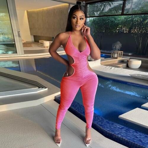 Waist Band Cut Out Beach Rompers Womens Jumpsuit Halter Neck Backless Ruched Skinny Catsuit Streetwear Solid Bodycon Bodysuits