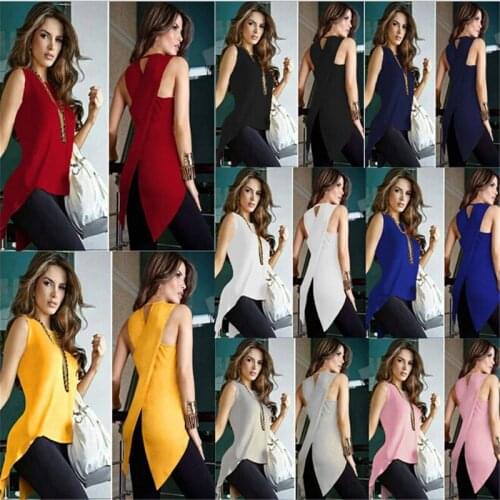 Summer Women Tank Tops Black o-Neck Sleeveless Women Top modis Irregular Crossover Back Sexy Party TopCasual Solid Long Top