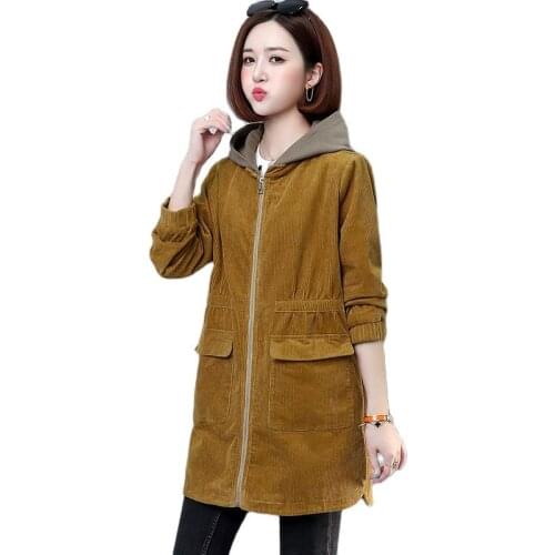 Corduroy Jacket For Women 2020 Autumn New Korean Plus Size L-4XL Middle-aged Mother Casual Hooded Long Windbreaker Coat W2209