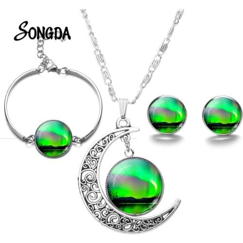 Green Northern Lights Jewelry Sets Charm Aurora Borealis Art Glass Cabochon Moon Pendant Necklace Earrings Bracelet Gift