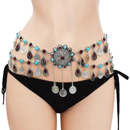 New National Style Belly Dance Waist Chain Tassel Flower Accessories Drop Shaped Pendant Trend Belt Girl Gemstone