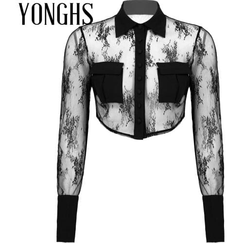 Womens Sexy Blouse TopsTransparent Turn-down Collar Long Sleeve Button Down Erotic Crop Top Floral Lace Cropped Shirt Tank Tops
