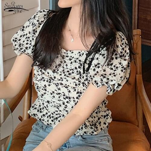 2021 Floral Sling Bubble Sleeve Women Blosue Summer Fashion Shirt New French Style Square Collar Chiffon Shirt Top Female 14416