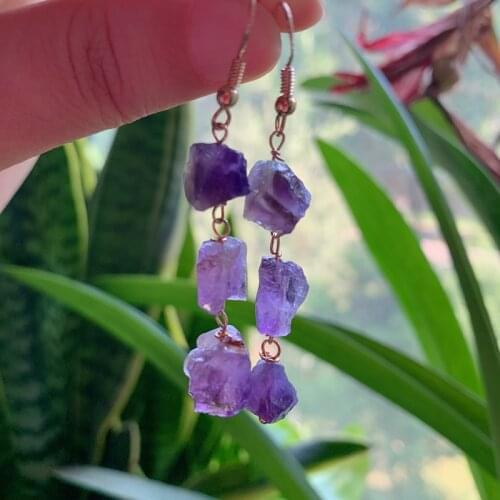 Reiki Healing Small Raw Rock Mineral Stone Long Tassel Quartz Earrings Natural Amethysts Crystal Quartz Dangle Earrings Female
