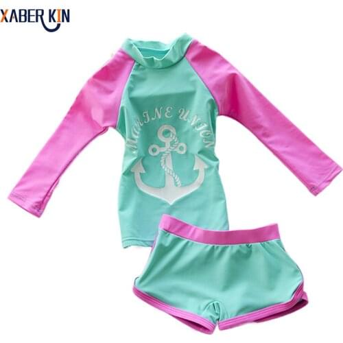 New 2019 Girls Swimsuit Two-Piece Sporting Suits Long Sleeve Solid Children Swimwear Kids Surfing suit Beachwear-K52