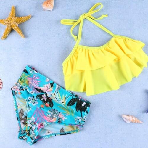 5-10 Years Girl Swimsuit Ruffle 2 Piece Childrens Swimwear Halter Top Little Girl Bikini Set Print Girl Bathing Suit Beachwear