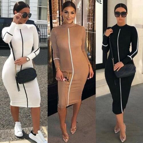 2019 new Fashion Women Contrast Color Long Sleeve Temperament Fitness Summer Long Sleeve Bodycon Stretch Pencil Dress