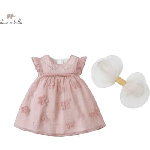 DB16923 dave bella summer baby girls cute bow cartoon appliques dress children fashion party dress kids infant lolita clothes
