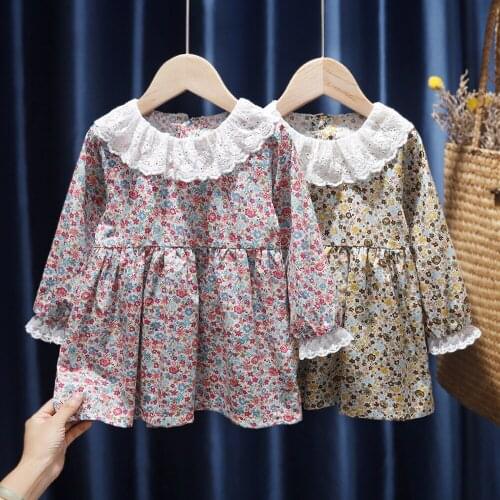 Infant Kids Dress Toddler Children Flowers Print Long Sleeve T-Shirt Lace Ruffles Peter Pan Collar Baby Girls Spring Clothing