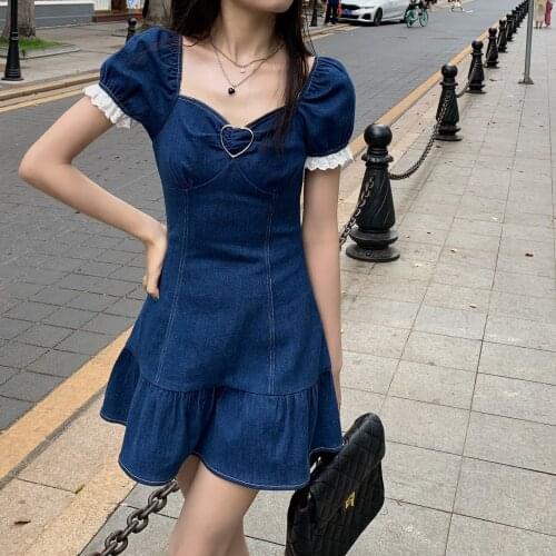 Denim Dresses Korean Fashion Puff Sleeve Pleated Denim A-line Short Skirt High Waist Slim Dress Womens Clothing Summer 2021