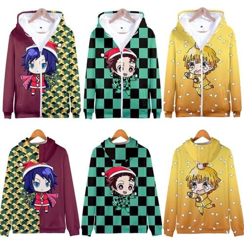 Anime Hoodies Women Kids Cosplay Winter Jacket Male Casual Sportswear Zip Up Harajuku Hooded Sweatshirt Demon Slayer&Christmas