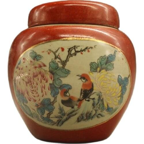Chinese Old Porcelain Red Glazed Flower And Bird Cover Cans Porcelain Jar