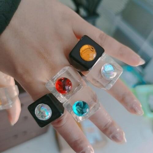 Fashion Vintage Exaggeration Geometric Large Resin Ring Square Transparent Glass Bead Ring Cute Colorful Acrylic Ring For Women