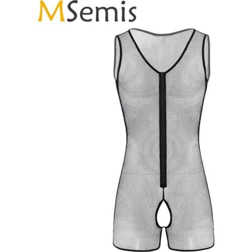 MSemis Mens See Through Sheer Bodysuit Sexy Lingerie Underwear Gay Body suit Sleeveless Crotchless Front Zipper Leotard Jumpsuit