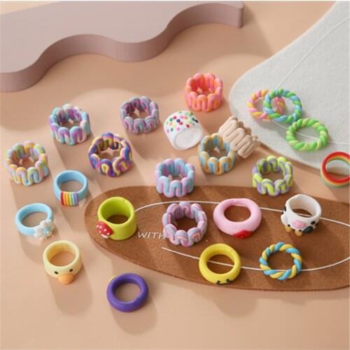 AOMU Ins New Fashion Handmade Ring Set Colorful Ceramic Clay Twist Cute Smiley Ring Set for Women Girl Trendy Rings Jewelry Gift