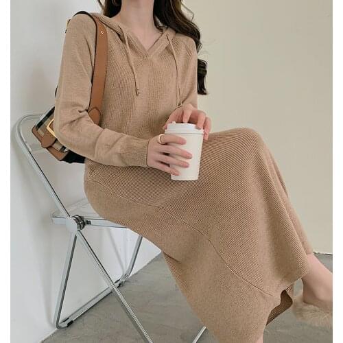 New Arrival Autumn Winter Women Hooded Dresses Knitted Loose Fashion Korea Chic Elegant Casual Solid Midi Female Long Vestidos
