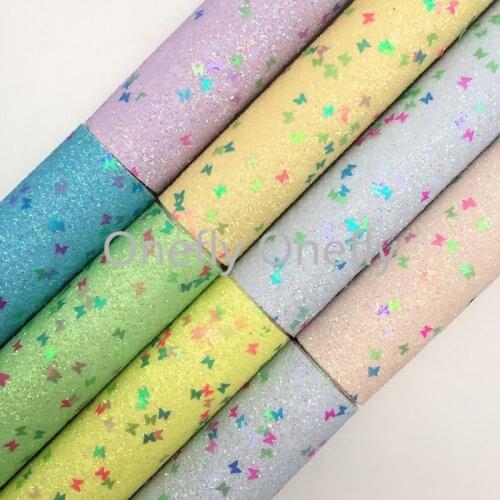 Onefly Wholesales Dropshipping Leather Supplier Pastel Butterfly Glitter Faux Vinyl Leather Fabric Felt Backing Bow DIY FZ065A