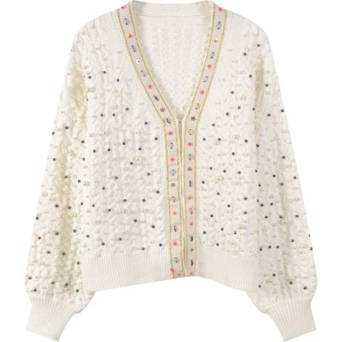 2020 Autumn Knitted Cardigans V-Neck Colorful Preal Beading Sweater Femme Tricot Women Tops