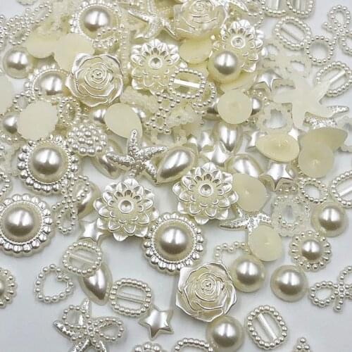 100pcs Beige ABS Resin Half Round flower Bow Alien Pearls For Art Flatback Non Hotfix Rhinestones Pearl Shoes Beads DIY Phone