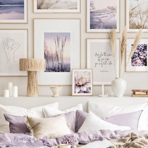 Purple Flower Reed Sunset Nature Mountain Lake Landscape Canvas Painting Scandinavian Naked Woman Line Drawing Poster Wall Decor