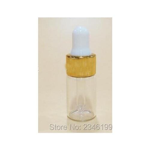 3ML Glass Essential Oil Vial, With Gold Circle and White Plastic Head Dropper, Small Sample Glass Purfume Bottle, 100pcs/lot