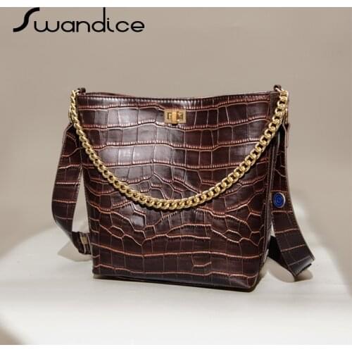 High Quality Vintage Chain Crocodile Badge Emblem Bucket Handbags Crossbody Messenger Shoulder Tote Bags 2020 Women Female Chic