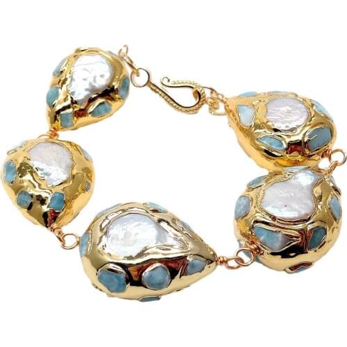 Y·YING Natural White Coin Freshwater Pearl Blue larimar Chips Pave Gold Color Plated Wrap Bracelet 9"