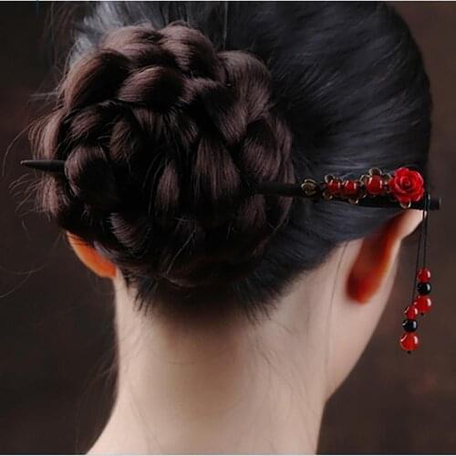 Elegant Creative Ethnic Style Hairpin Chinese Vintage Hair Decor with Tassels Girls Wooden Flower Design Hair Stick for Festival