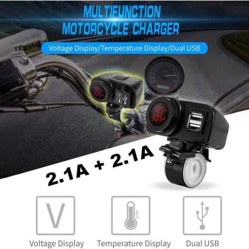 Sale Dual USB Port 12V Waterproof Motorbike Motorcycle Handlebar Charger 2.1A+2.1A Digital Voltmeter + Thermometer Durable