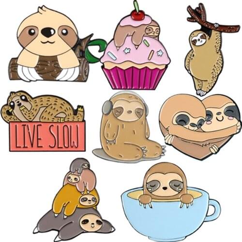Live Slow Spirit Animal Hard Enamel Pins Sloth Mug Cake Brooches Women Men Lapel Badges Backpack Collar Fashion Jewelry Gifts