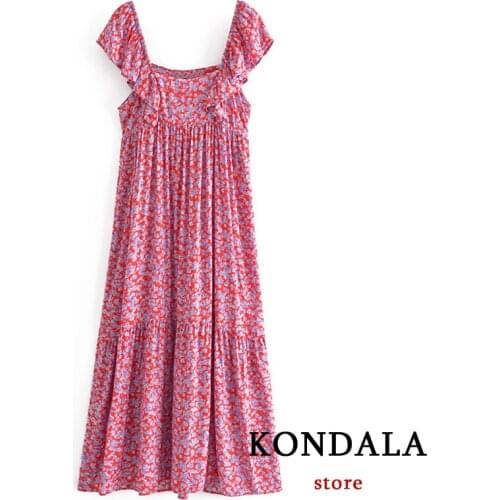 KONDALA Za Vintage Floral Print Long Dress Women Beach Ruffles Short Sleeve Sundress Fashion 2021 Chic Pink Vestidos