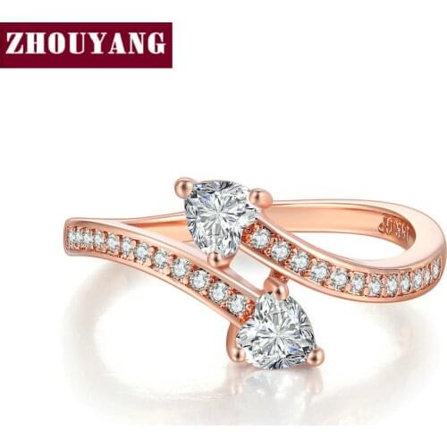 ZHOUYANG Ring For Women New Design Tow Love Heart Arrow Cubic Zirconia Rose Gold Color Special Gift Fashion Jewelry R834