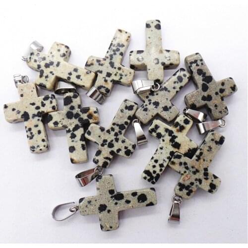 50Pcs 25x18x6mm Wholesale Natural Gray&Black Dalmation Jasper Cross Pendant Bead DIY Earrings Handmade Jewelry Accessories S651