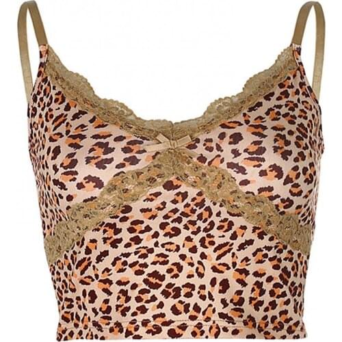 70% Dropshipping!!Women Sexy Sleeveless Spaghetti Straps Lace Trim Crop Top Leopard Camisole Vest