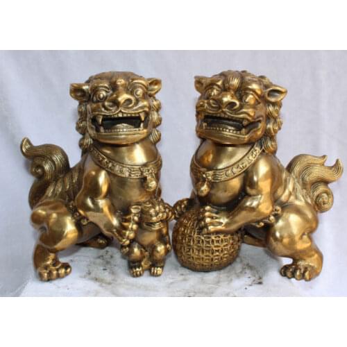8" China Bronze Fengshui Guardian Foo Fu Dog Hold Ball Kid Door Lion Pair Statue
