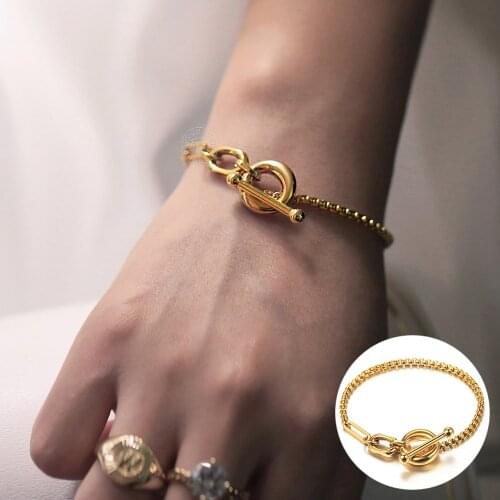 Minimalist Box Chain Bracelets for Women Gold Color Stainless Steel Cable Cuban Charm Toggle Clasp Wrist Boho Jewelry DB330