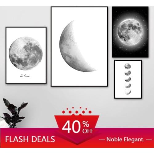 Canvas Painting Black White Starry Sky Moon Crescent Stars Wall Art Nordic Posters And Prints Wall Pictures For Living Home Deco