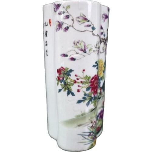 Chinese Old Porcelain Pink Peacock Pattern Flat Pen Holder