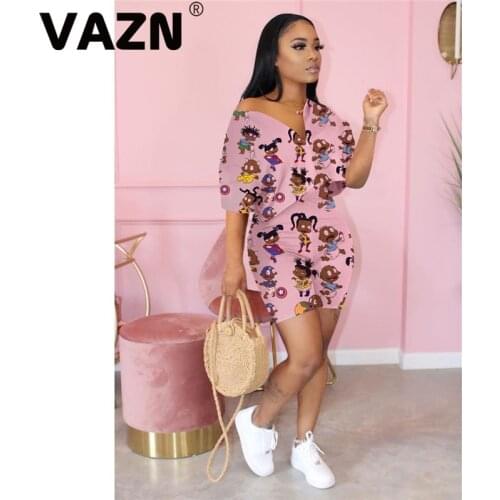 VAZN 2020 Cartoon printSexy V-neck Two Piece Set Punk Style Print 2 Piece Set Women Short Sleeve Top And Short Pants Summer Sets