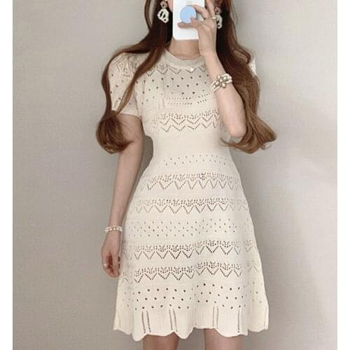 Korean One-Piece Gentle Comfortable Knitted Dress 2021 Summer New O Neck Jacquard Slim Knit Short Dress Female Casual Dresses