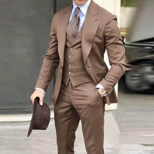 Brown Casual Men Suits for Wedding Slim Fit Groom Tuxedo 3 Piece Jacket Vest with Pants Male Fashion Costume 2021 Latest Style