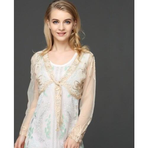 Summer Female Perspective Short Shawl Jacket Coat Vintage Women Embroidery Floral Long Sleeve Lace Bolero Shrug For Party