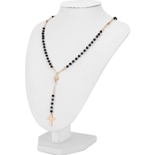 Hot Sale Simple Long Tassel Cross Pendant Necklaces Handmade Sweater Rosary Beads Necklace Choker Chain Lock Necklace Collar